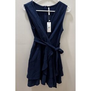 Beachsissi Women's Sleeveless V Neck Tie Waist Solid Mini Dress NavyBlue Size S